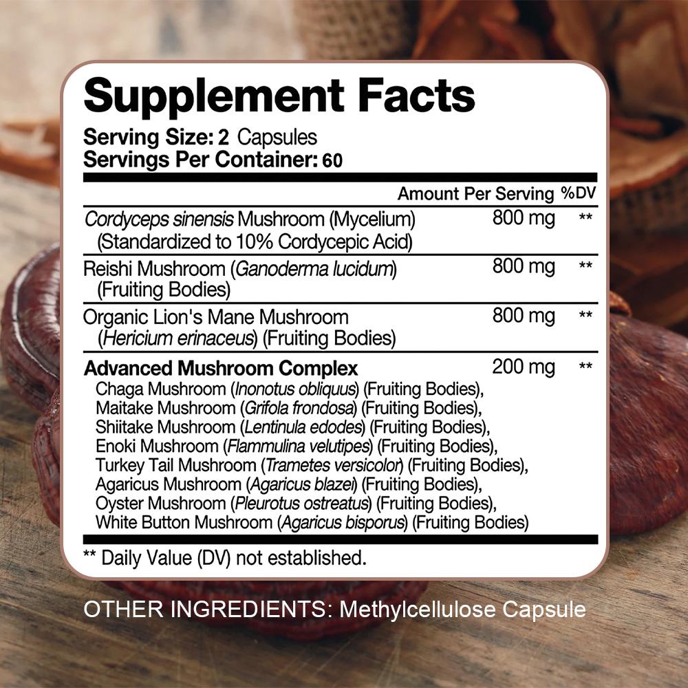 Mushroom Complex 120 Capsules Brain Support Increase Memory Immune Focus Health