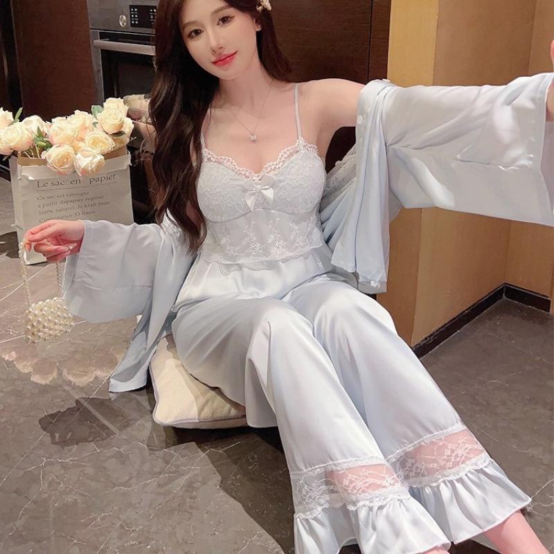 Sexy Pajamas Women's Spring and Summer Ice Silk Pure Desire Wind with Chest Pad Can Be Worn Outside Shirt Suspender Four-piece Set Loungewear