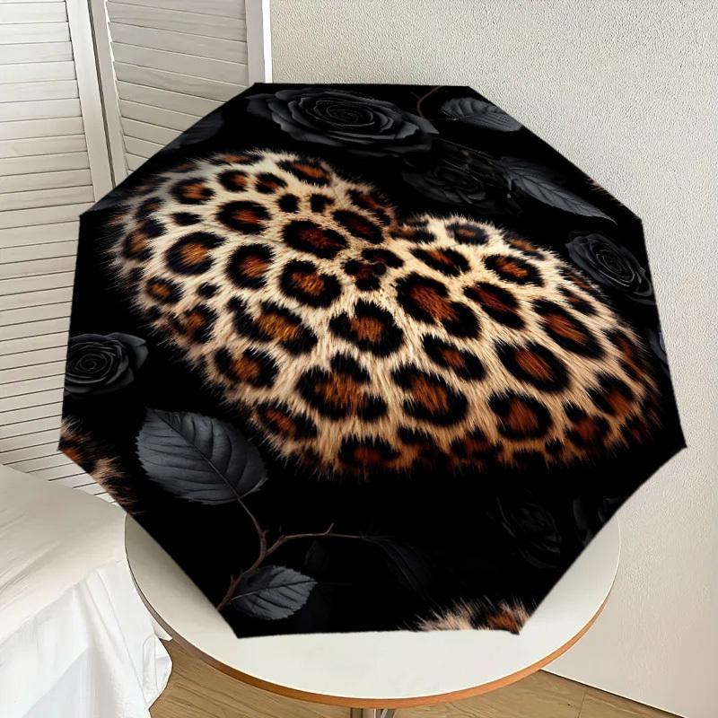 1pc Leopard Print Heart Automatic Open/Close Umbrella Compact Folding Umbrella with 8-Rib Shaft for Women/Men, Elegant Birthday1138S