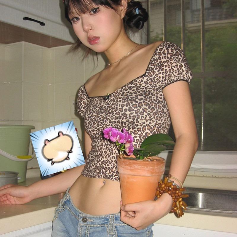 Japanese Y2k Leopard Print Tops Vintage Short Sleeve Crop Top Trashy 2000s V-neck Lace T-shirt Coquette Korean