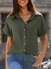 Women's V Neck Collared Button Down Shirt Short Sleeve Top with Pockets