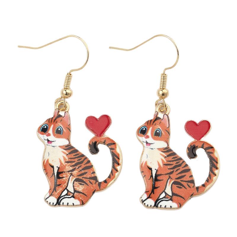 Fashion Cartoon Oil-dripping Printed Animal Cat Heart-shaped Dangle Earrings for Women Cute Kitten Jewelry Accessories Gifts