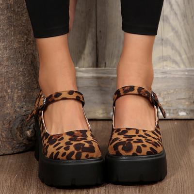 Superhoher Absatz Blockabsatz Mary Janes Runde Zehenpartie Schnallenriemen Damenschuhe im Angebot 2024 Flache Leopard Frühling/Herbst Pumps