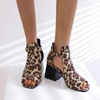 Fashion Women Gladiator High Chunky Sandals Blue Denim Red Leopard Suede  Summer Party Lady Peep Toe Buckle T-strap Zipper Shoes