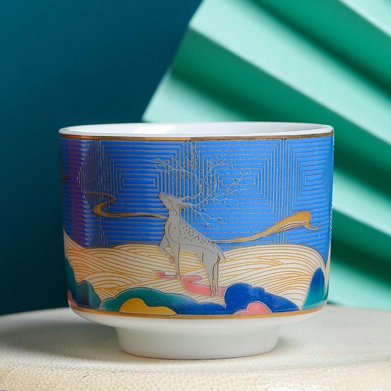 National Trend 999 Pure One Deer With You Enamel Color Gilt Silver Master Ceramic Kung Fu Tea Set Tasting Cup