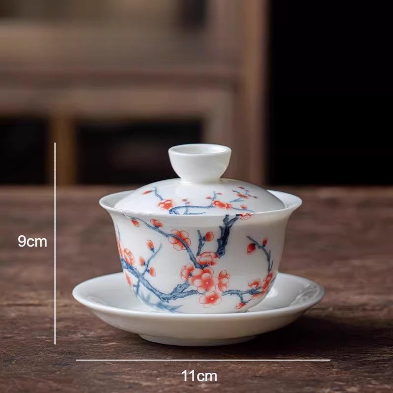 

Jingdezhen Covered Bowl Sheep Fat Jade Tea Bowl Hoverable Tea Cup with Lid Chinese Underglaze Colored White Porcelain Teaset 190ml