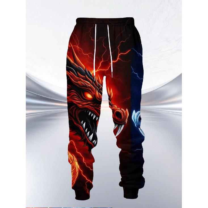 Men's Casual Hooded Sweatshirt 2pcs Set with Ice and Fire Twin Dragons Chinese Style Vs. Fantasy 3D Printing