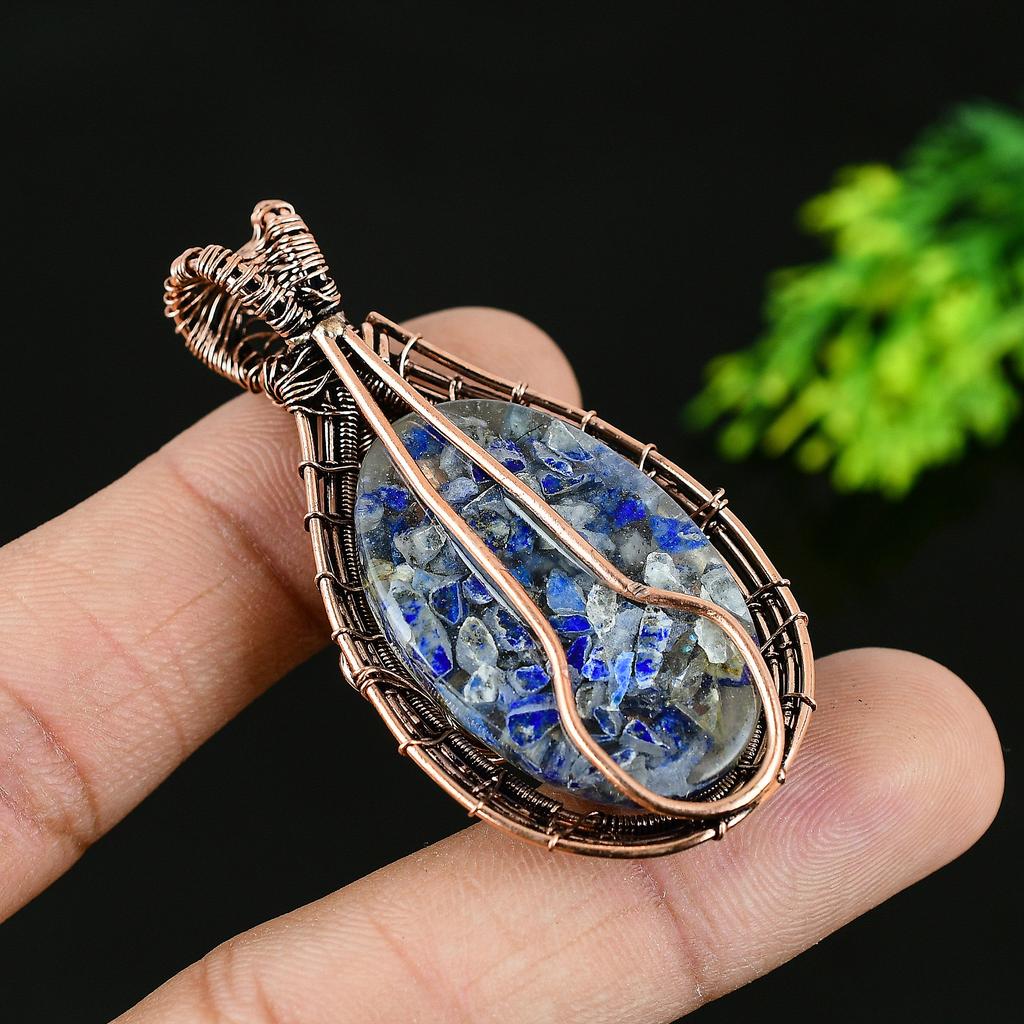 Natural Lapis Lazuli Gemstone Handmade Copper Wire Wrap Pendant 2.25 w1l92