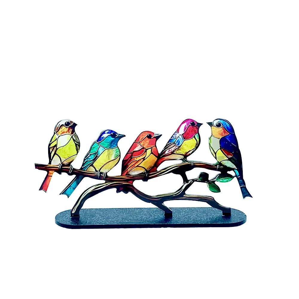 2/3/5bird Stained Acrylic Birds Branch Desktop Ornaments Double Sided Multicolor Style Craft Statue Ornaments Desktop Decoration