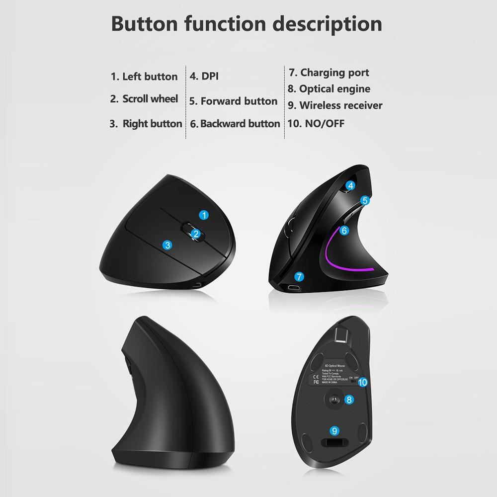 

2.4G Wireless Vertical Mouse Rechargeable Mouse with 3 Adjustable DPI Levels and Auto Sleep Grey