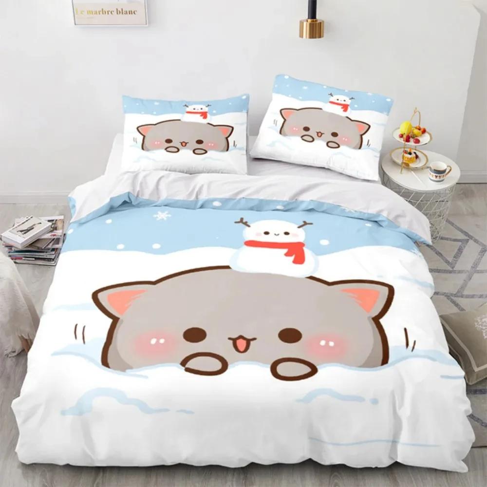 3D Cartoon Lovely Peach Cat Bedding Set Boys Girls Twin Queen Size Duvet Cover Pillowcase Bed Kids Adult Fashion Home Textiles