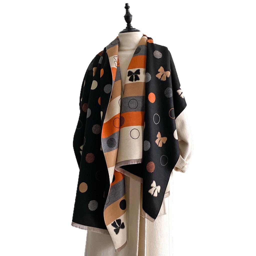 Korean Version Scarf Imitation Cashmere Double-sided Bow Shawl Dual-purpose Thickened Warm Versatile Cape Female Polka Dot
