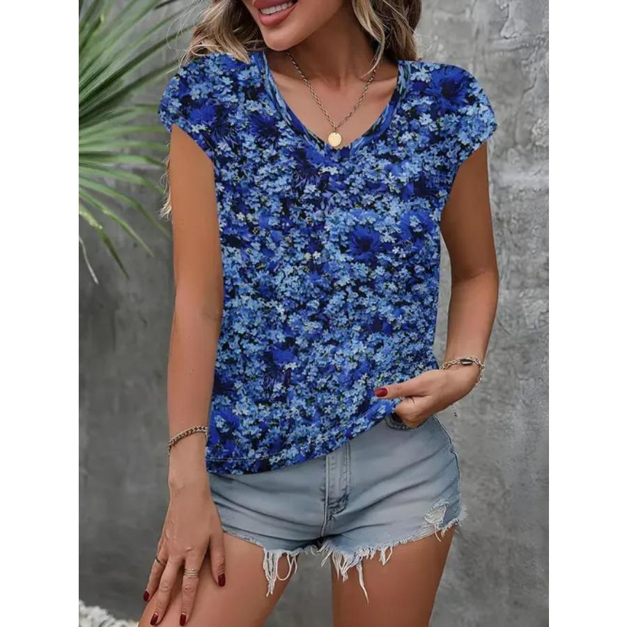 Camiseta vintage para mujer con estampado floral, manga corta, cuello en V, tops cómodos