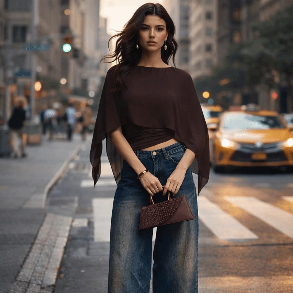 Ruched Waist Cape Sleeve Top Round Neck False Two-Piece Tops Batwing Sleeve Top Summer Wear