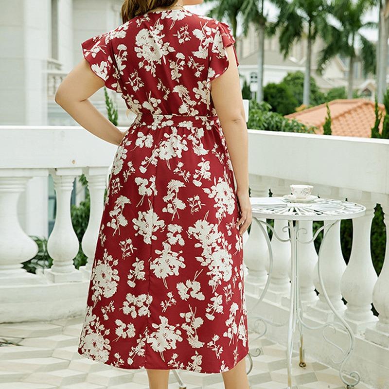 Women's New V-neck Tie Belt Big Size Loose Mid-length Dresses