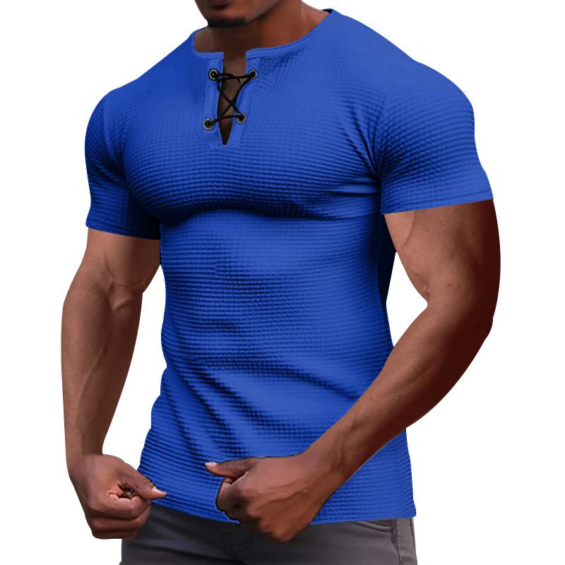 Camiseta Henley de Verano para Hombre de Corte Slim con Cordones - Transpirable Manga Corta Deportes Casual Moda