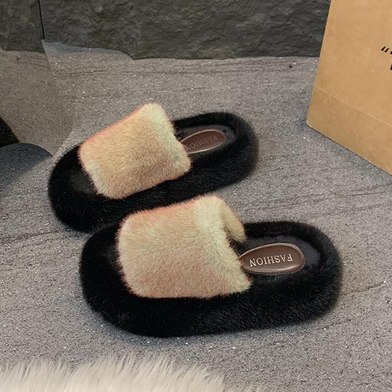 Women Fur Slippers Flats Platform Shoes Short Plush Casual Open Toe Flip Flops 2025 Winter New Slingback Slides Zapatos