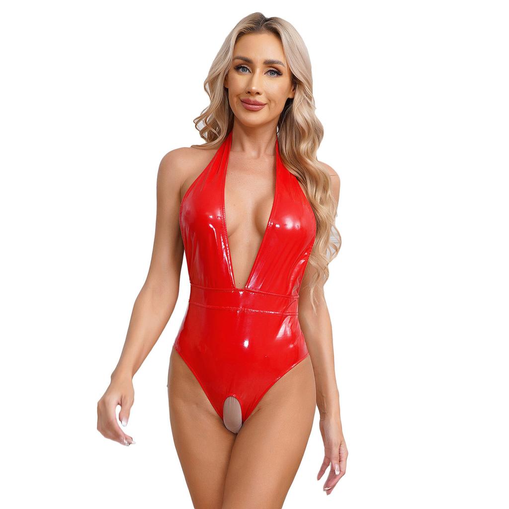 Damen-Bodysuit aus Lackleder im Wet-Look, Neckholder, tiefer V-Ausschnitt, ouvert, rückenfrei, ärmelloser Catsuit