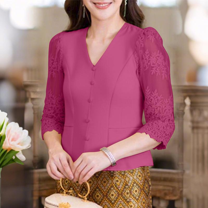 

ZANZEA Женская повседневная блузка с вышивкой, кружевной вставкой, рукавом 3/4 и V-образным вырезом 5XL кларет