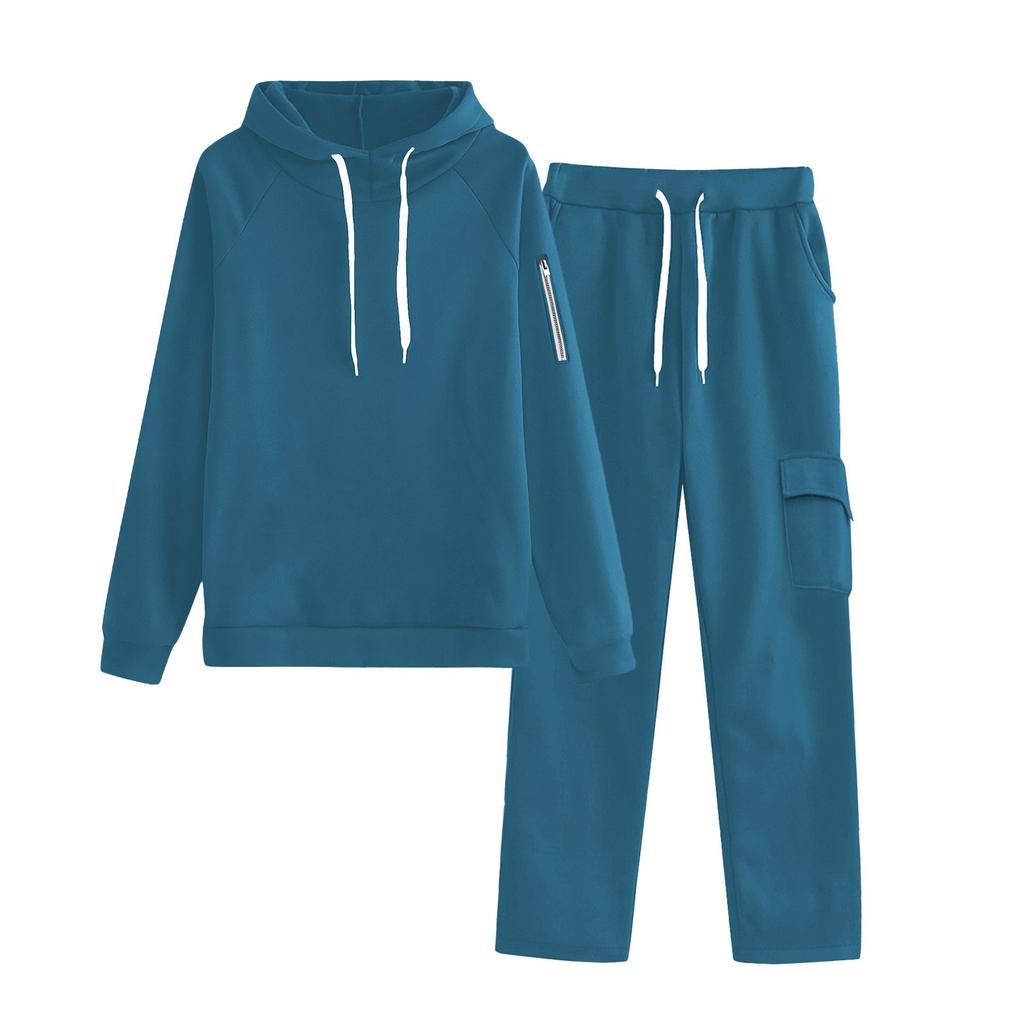 Women's Fashionable Loose Zipper Pocket With Shoulder Sleeves Hoodie And Pants Two-Piece Set
