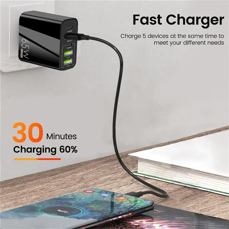 65W PD Charger 5V 7A Fast Charging 5 Port USB For iPhone 13 12 Pro iPad  Xiaomi Samsung Type C Phone Adapter EU US UK Plug