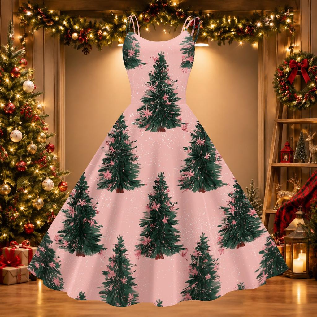 Women's Sexy Off-Shoulder Vintage Christmas Print Dress for Holiday Party