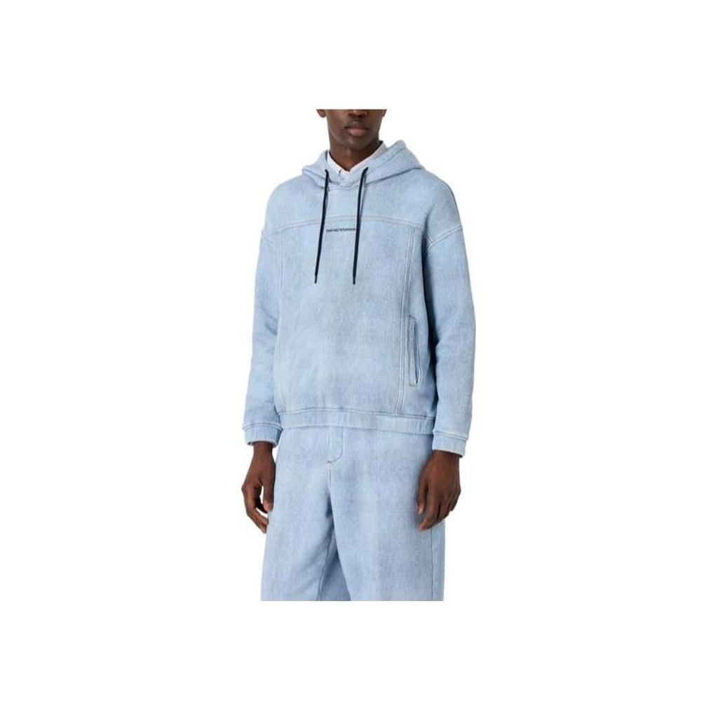 Emporio Armani Letter Pattern Drawstring Hooded Sports Sweatshirt Men Sweatshirt Blue 3D1MEG-1JWPZ-F917