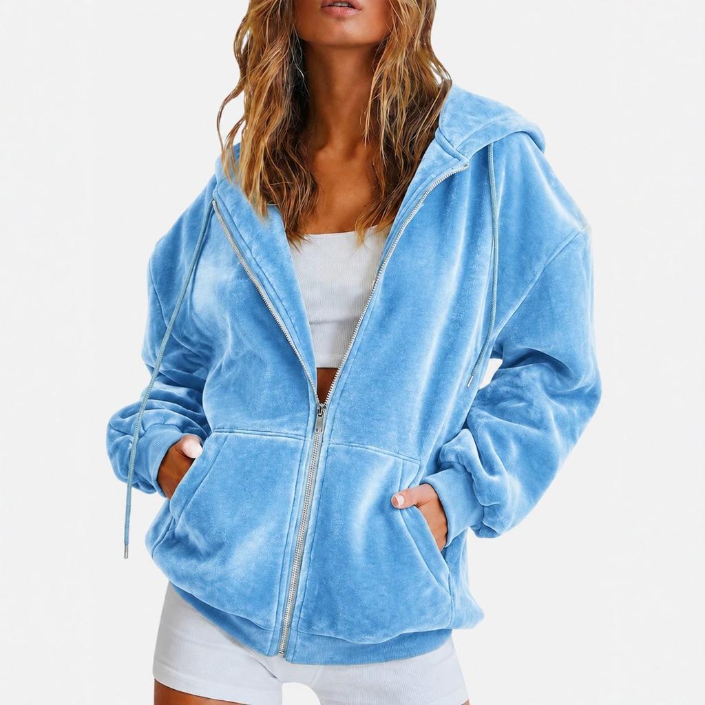 Women Jacket Solid Color Velvet Loose Fit Hooded Sweatshirt Long Sleeve Casual Outerwear Grey Navy Burgundy Zip Up Jacket