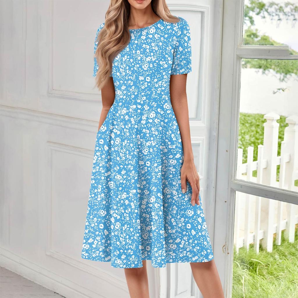 Women's Casual Fashion Round Neck Short Sleeve Floral Printed Midi Dresses
