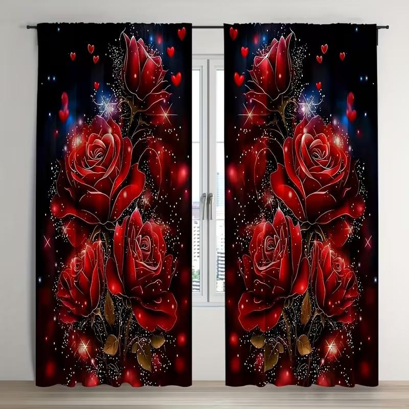 Set Of 2 Retro Heart Shaped Rose Print Curtains Suitable Bedroom Living Room Kitchen Decoration Home Window Curtain Polyester Perfect For Great