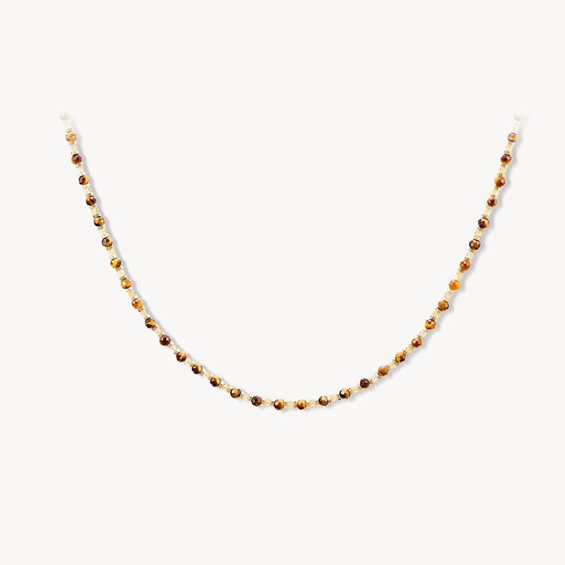 Layered Tigers Eye Pendant Necklace Women Gold Plated O-Link Chain Geometric Drop Design Lightweight Chic Jewelry