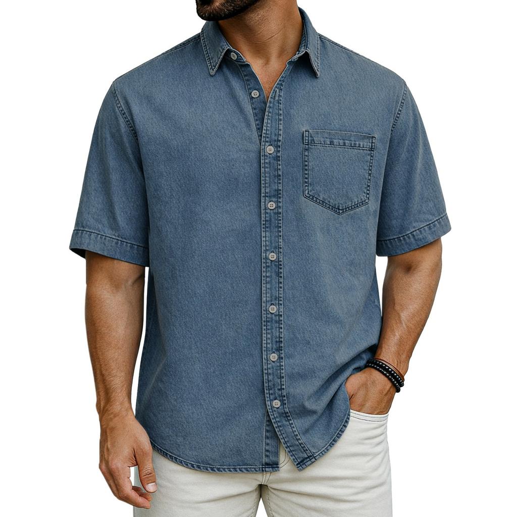 Men's Denim Shirt - Short Sleeve, Button Up, Relaxed Fit, Casual Color