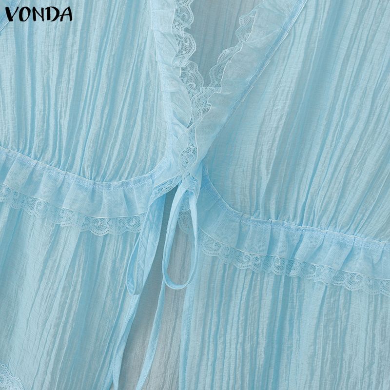 VONDA Women's V-Neck Sleeveless Lace Trim Front Bandage Ruffle Semi-Sheer Tank Tops Beach