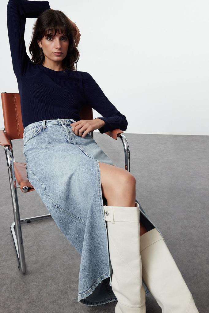 Women's Elegance Style Sweater Navy Blue Basic Double Knitwear Sweater