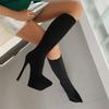Fashion Women Knee High Platform Boots Rosy Red Black Stretch Satin Thin Heels Pointed Toe Sexy Lady Slip-on Stiletto Half Boots