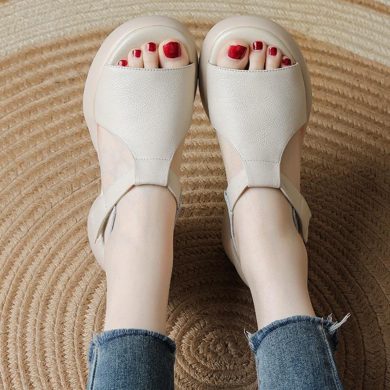 Pure Cowhide Summer New Thick-soled Casual Versatile Leather High-heeled Sandals Fish Mouth Velcro Mother Shoes