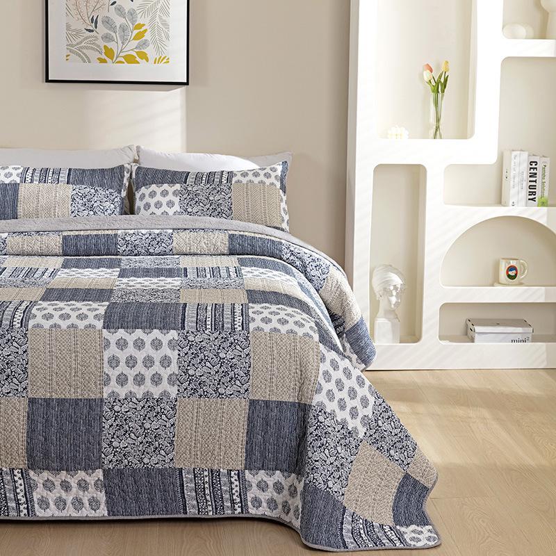 Double-Sided Pure Cotton Plaid Quilt & Pillowcase Set for Double Bed
