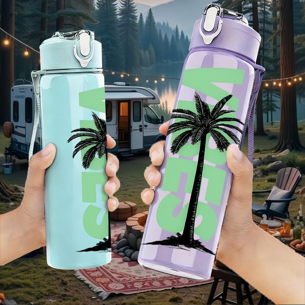 1PC Vibe Palm Tree Simple Line Print 750ml Color Plastic Sports Water Bottle Leakproof Flip Straw Lid Suitable for Sports Office Home Use