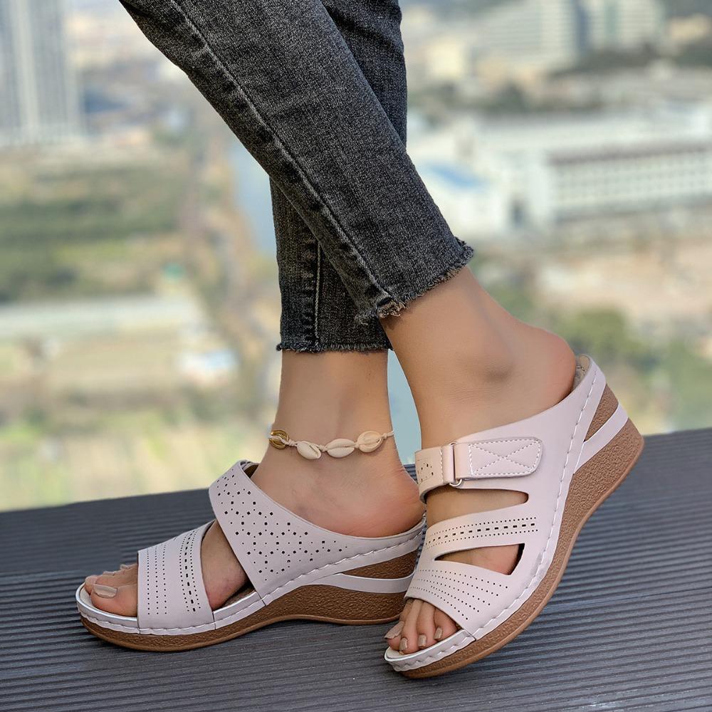 Women'S Slippers Booties Women'S Summer Open Toe Leather Slope Heel Sandal Slippers Casual Comfortable Outdoor Womens Slipper