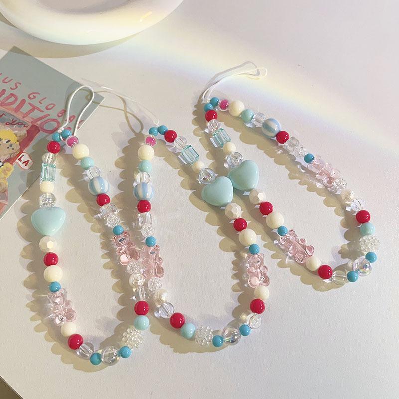 Blue Pink Bowkont Beads Phone Chain Sweet Cool Love Bear Hanging Rope Camera Lanyard Anti-Lost Wrist Straps Bag Accessories