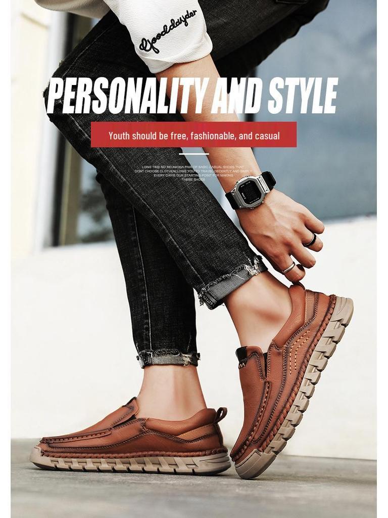 Men's Handmade Leather Loafers: Slip-On Casual Fashion, Plus Size, for Spring & Autumn