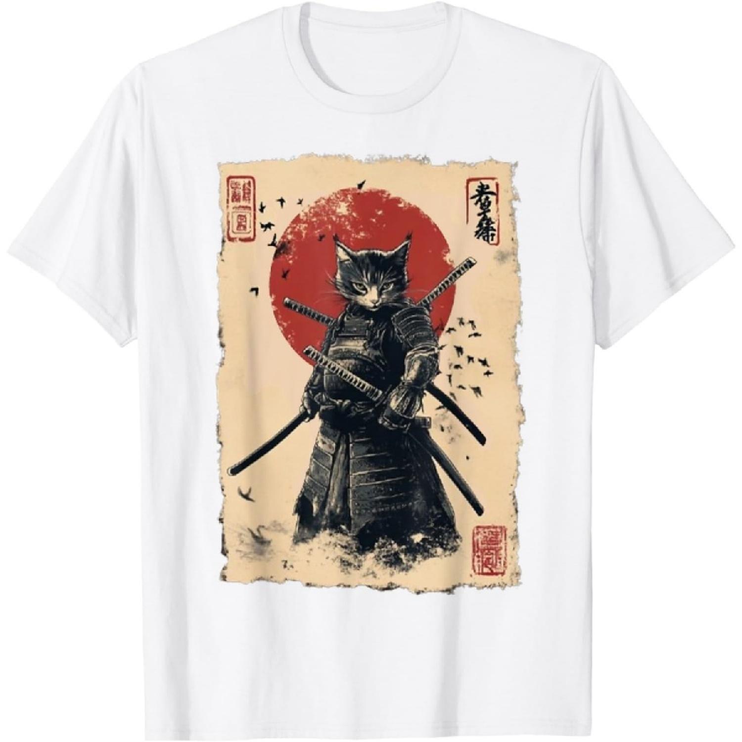 CHILYB Vintage Japanese Art Anime Graphic Samurai Cat Warrior T-Shirt S