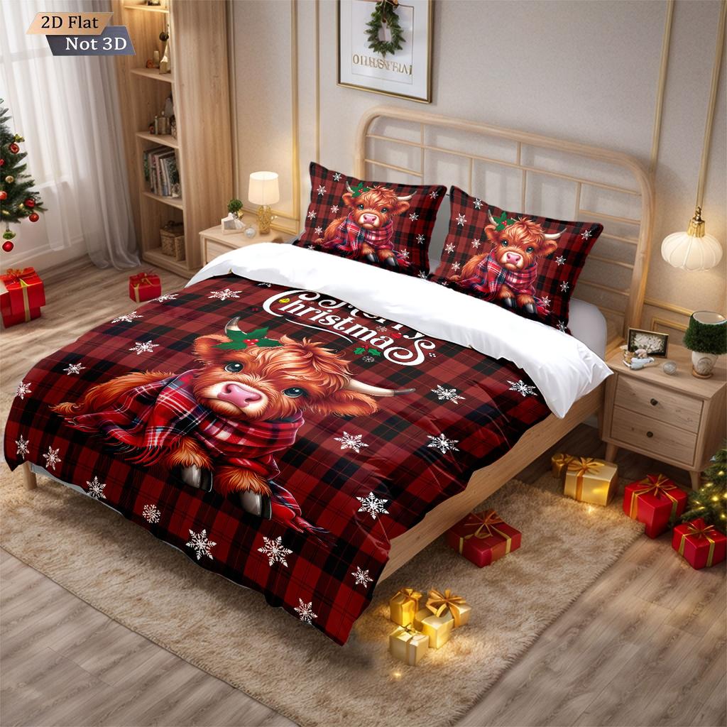 3-teiliges Weihnachts-Hochlandrind-Print-Kernloses-Quilt-Set, mehrgrößig, Schlafzimmer, Wohnheim-Bettwäsche-Dekoration, weich, maschinenwaschbar