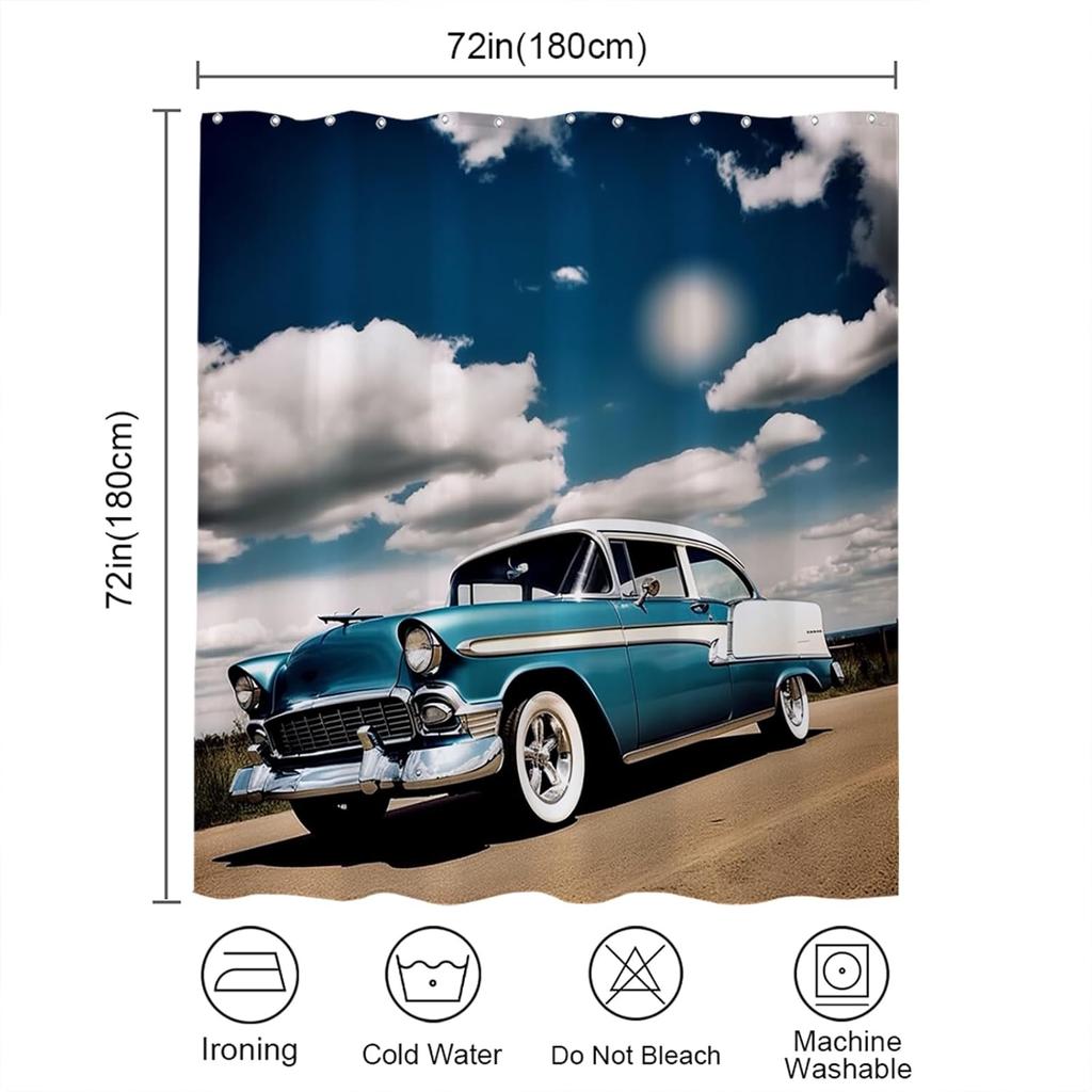 Cool Retro Car Shower Curtain Vintage Antique Car Sunset Cloudy Theme Fabric for Men Boys Bathroom Decor Sets with Hooks Waterproof Washable 72 x 72