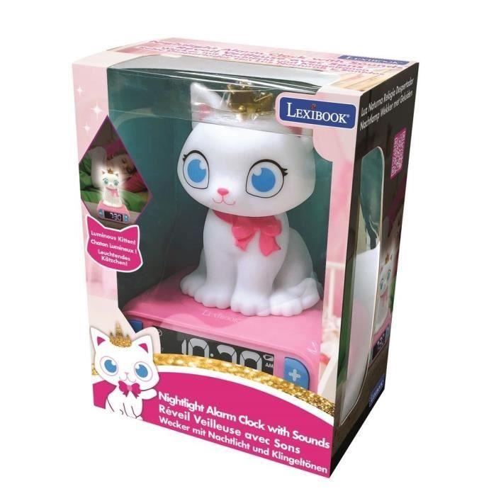 Réveil veilleuse digital lexibook - chat - 3d lumineux et sonore - blanc et rose - enfant