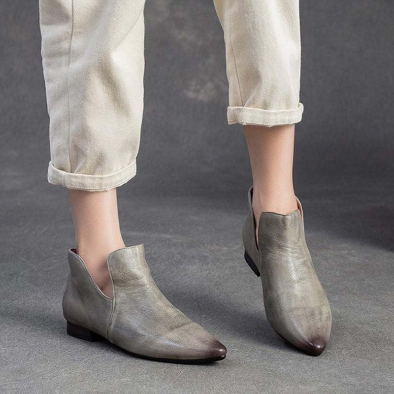 Johnature Genuine Leather Pointed Shallow Low Heel Shoes Fashion And Versatile Women's Slip-on Shoes