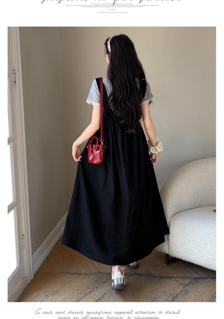 Summer 2026 Maternity Elastic Pleated Strap Dress & Lace Patchwork T-shirt Set