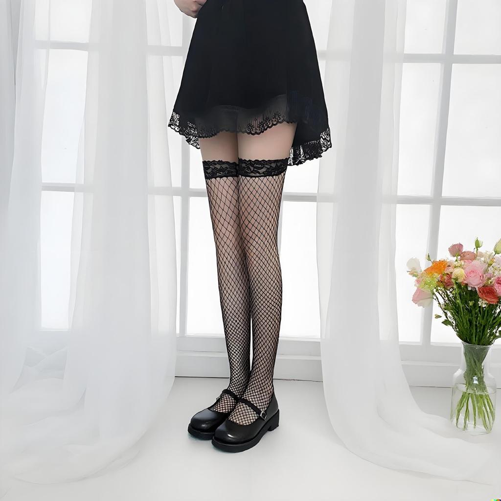 Czarne Koronkowe Pończochy do Uda z Kokardką - Damskie Seksowne Skarpetki za Kolano