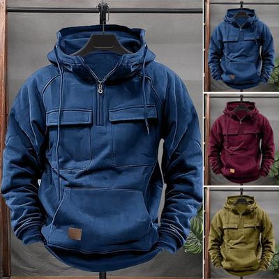 Spring Autumn Men Hoodie Cargo Style Drawstring Big Patch Pocket Half Zipper Long Sleeves Solid Color Casual Daily Wear Sport Top