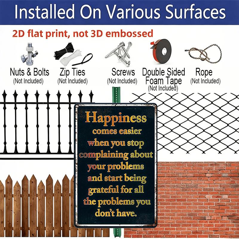 2D Flat, Vintage "Happiness Comes Easier" Metal Wall Art Sign - Retro Aluminium Decor with Inspirational Quote, Ideal for Home, Office, Bar, Garage